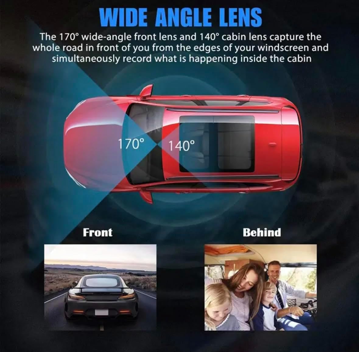 Caméra Embarquée, Enregistreur De Trafic De Bord 3 Voies Super Hd 1296p Avec Application Mobile Et Wi-fi thumbnail 3