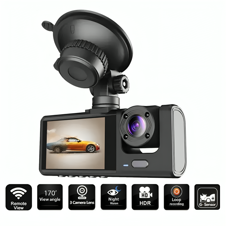 Caméra Embarquée, Enregistreur De Trafic De Bord 3 Voies Super Hd 1296p Avec Application Mobile Et Wi-fi thumbnail 5