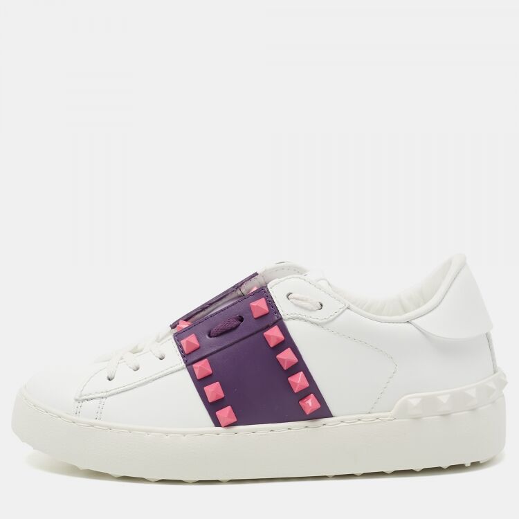  White/Purple Leather Rockstud Low Top Sneakers