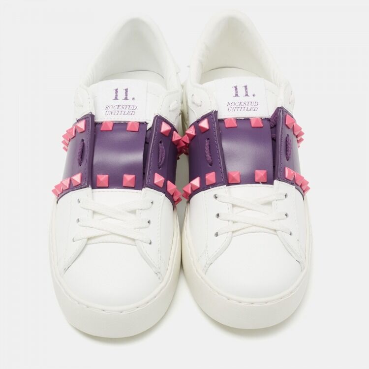  White/Purple Leather Rockstud Low Top Sneakers