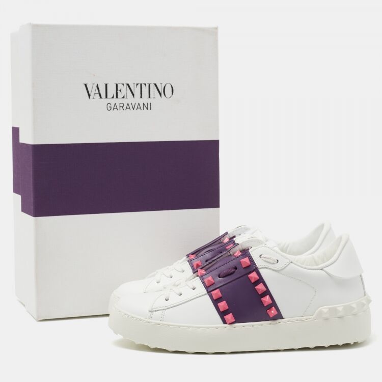  White/Purple Leather Rockstud Low Top Sneakers thumbnail 4