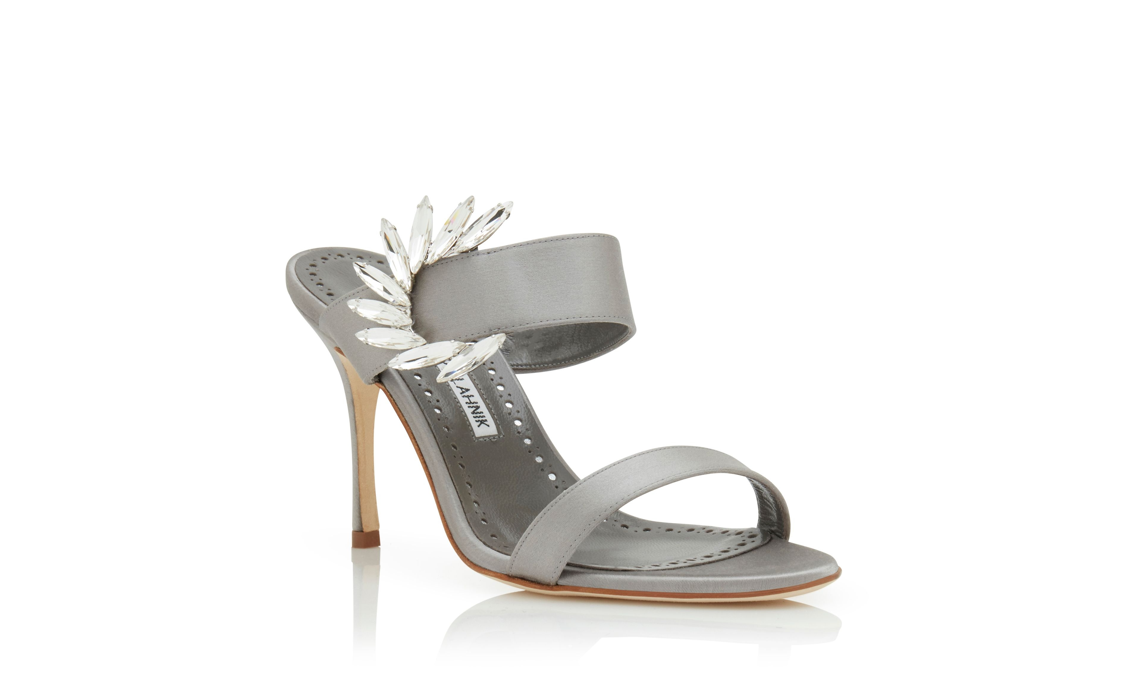 Mid Grey Satin Embellished Open Toe Mules