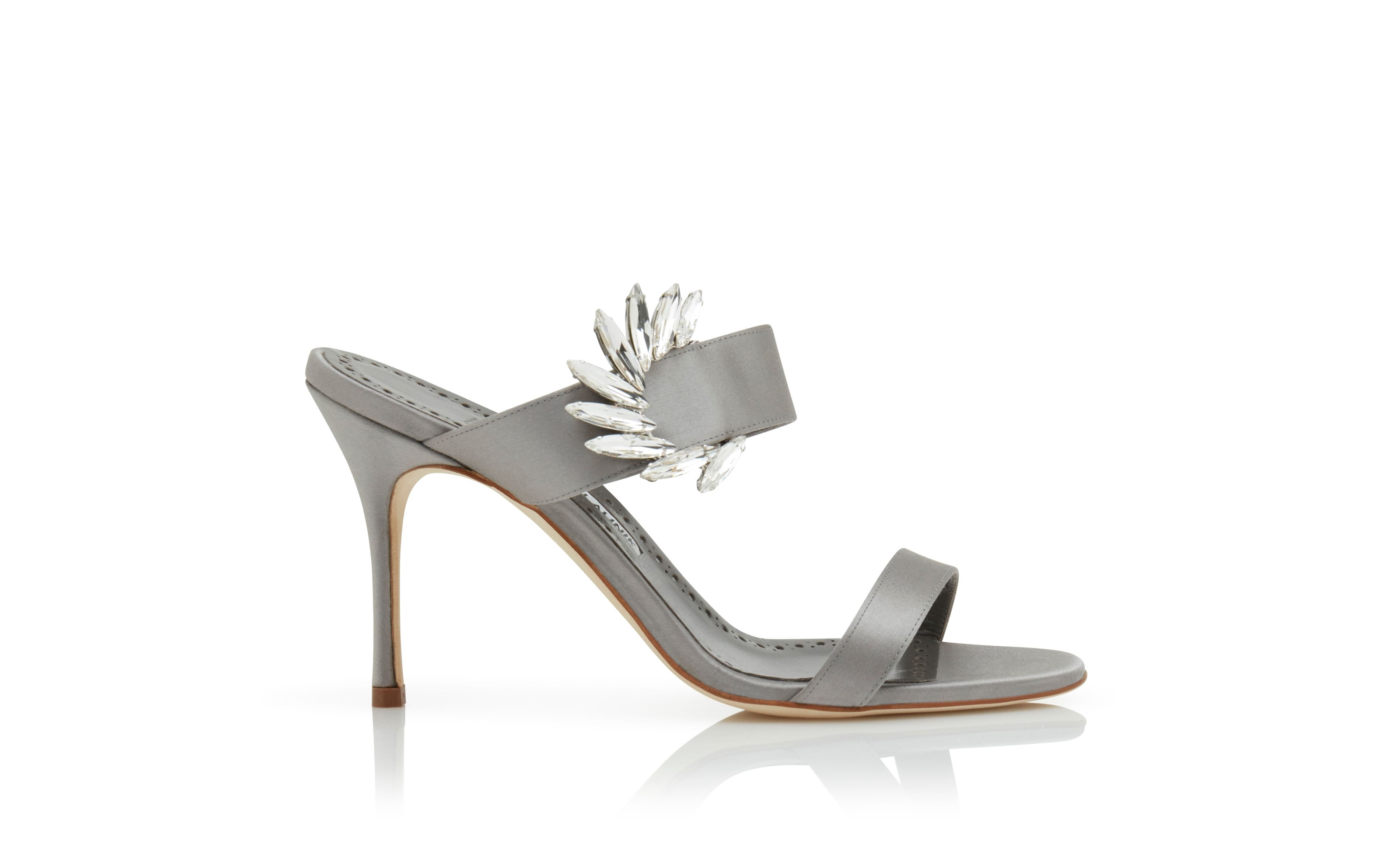 Mid Grey Satin Embellished Open Toe Mules