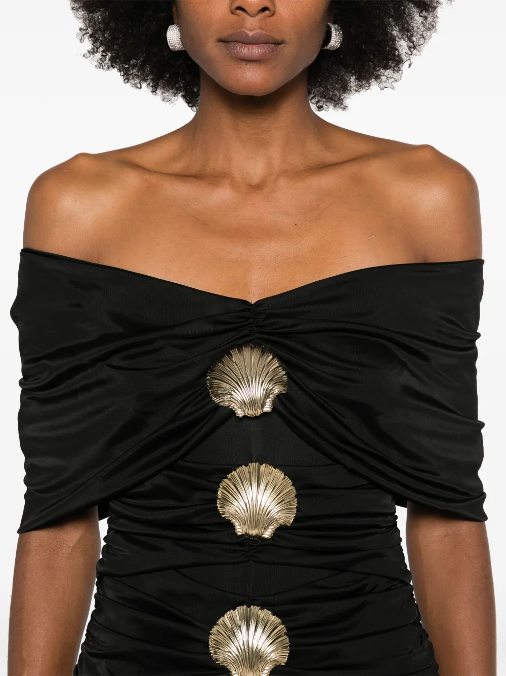 Draped mini dress in jersey with sea shell pin detailing