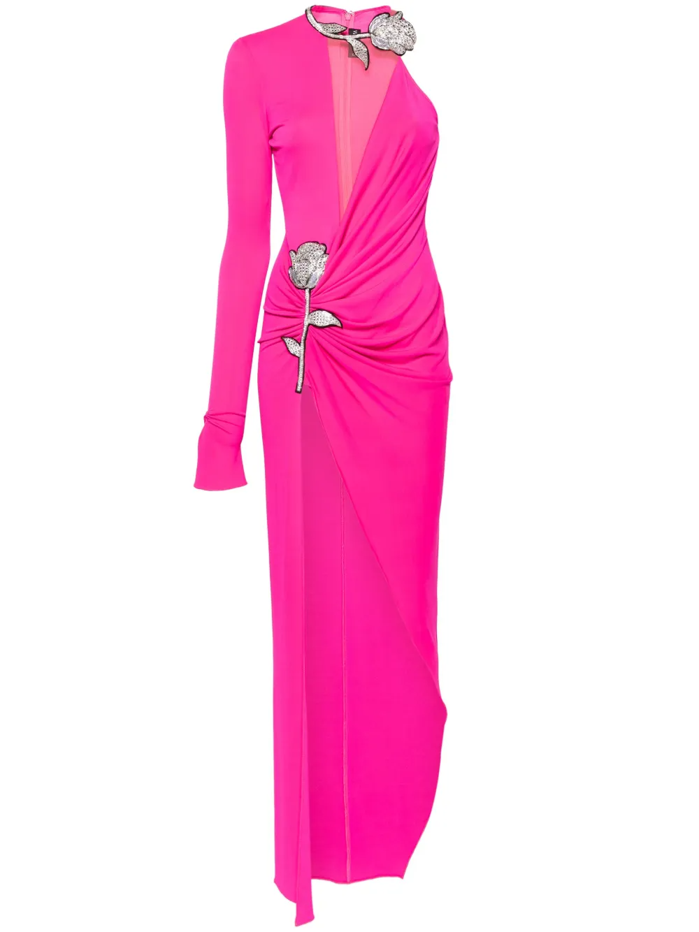 FUSHIA CRYSTAL ROSE RUSHED ONE-SLEEVED GOWN 