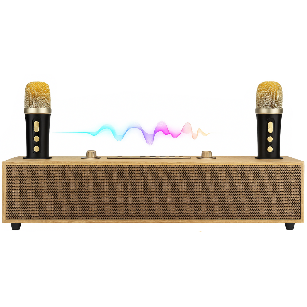 Barre de Son en Bois – Système Karaoké Home Cinéma avec Bluetooth et 2 Micros Sans Fil