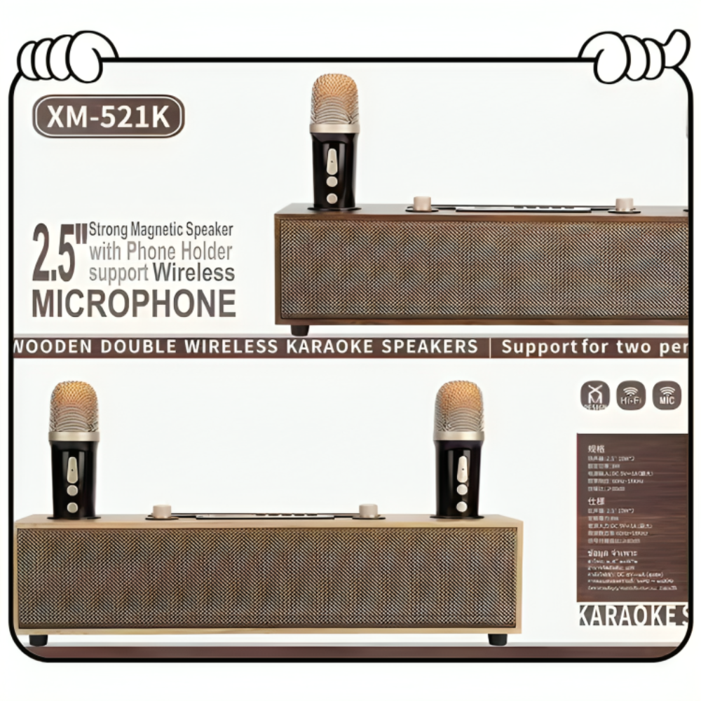 Barre de Son en Bois – Système Karaoké Home Cinéma avec Bluetooth et 2 Micros Sans Fil