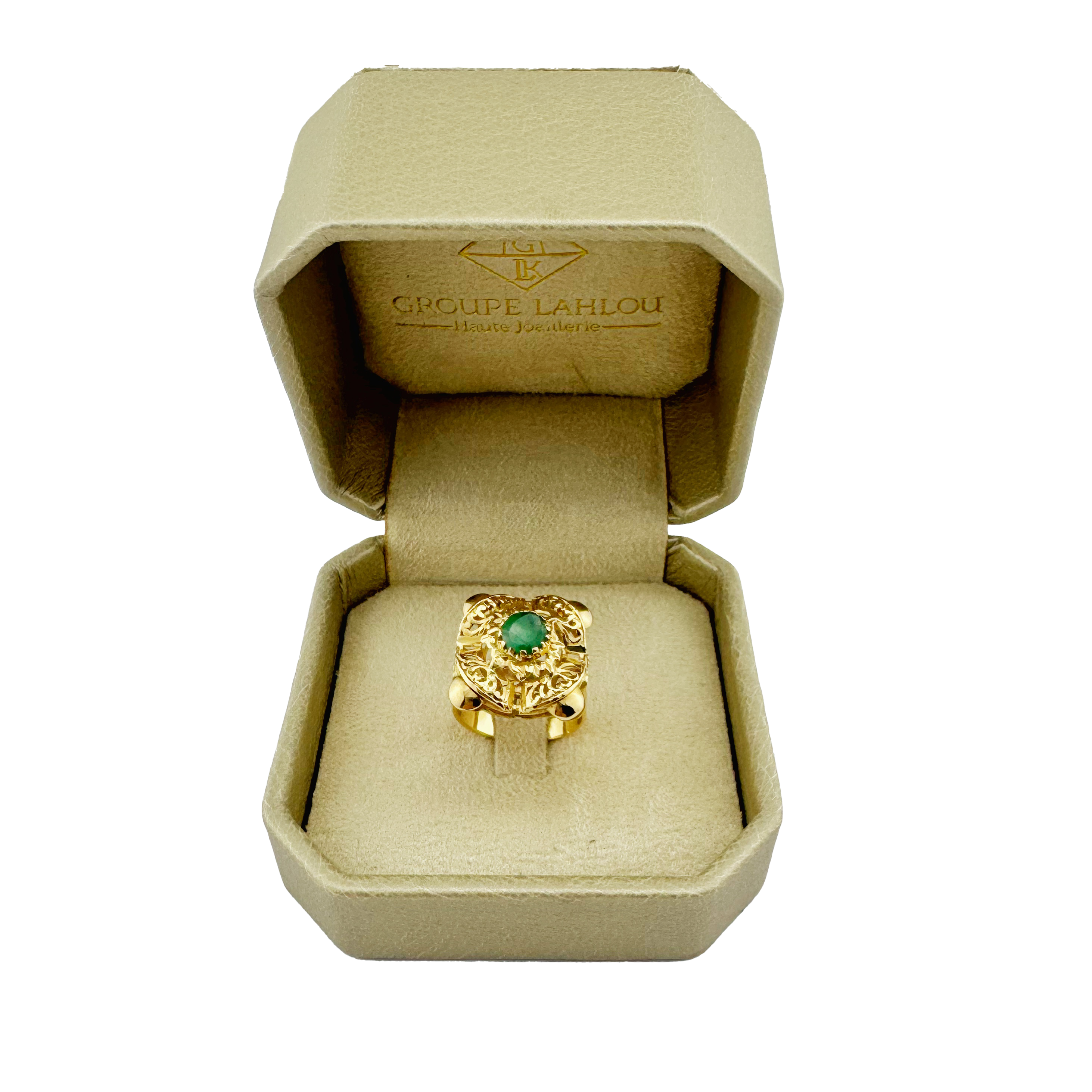 Bague Rosace Ajourée Or Jaune & Émeraude – Éclat Traditionnel et Noblesse Verte.