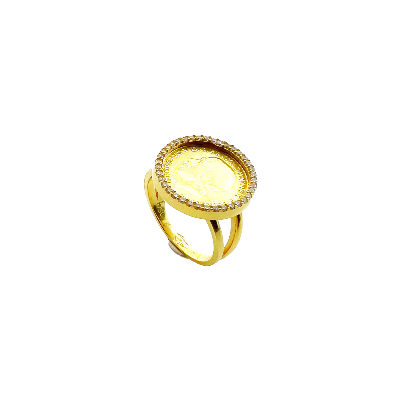 Bague Pièce Or Jaune 18K avec Halo Diamilites – Symbole d'Élégance et d'Héritage Royal.