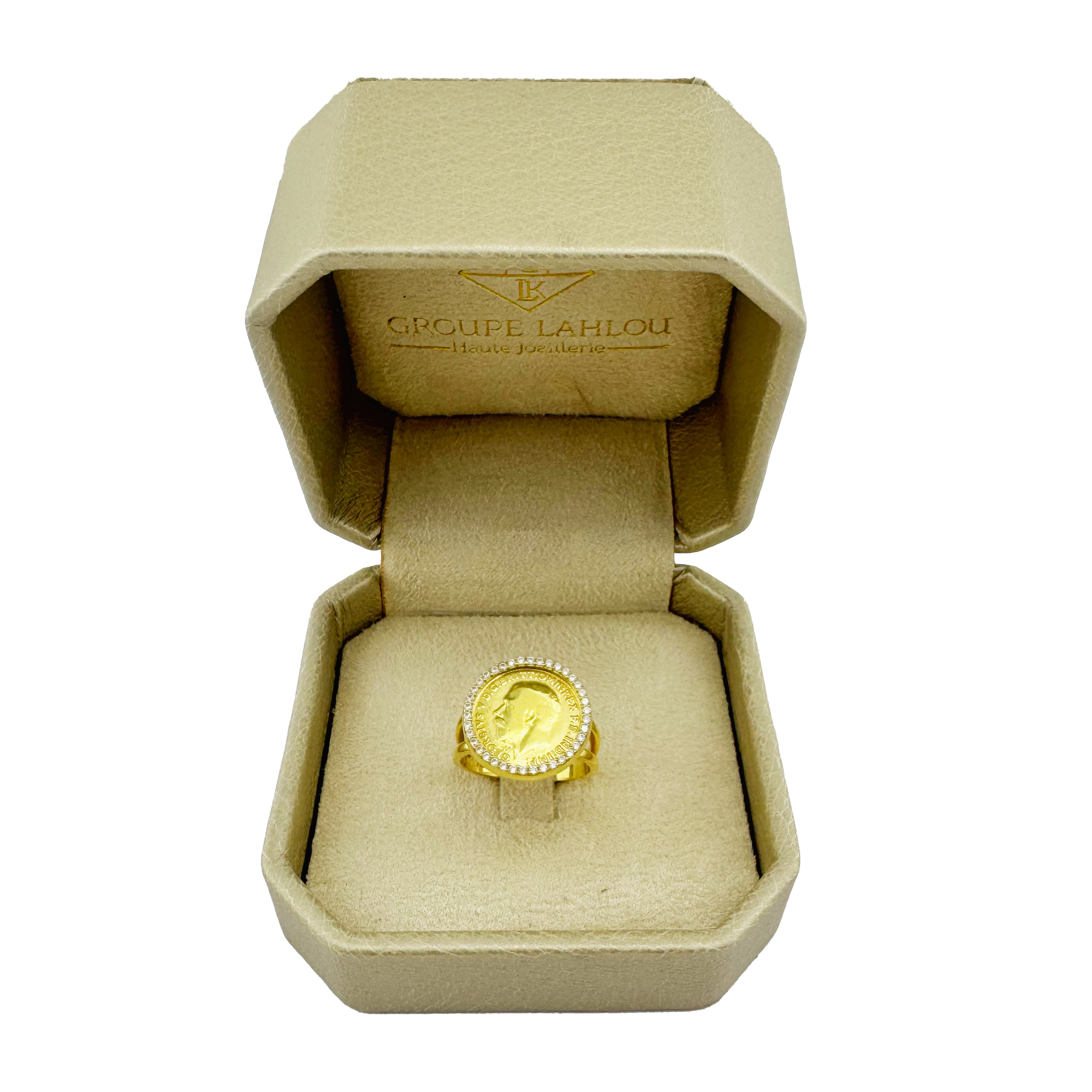 Bague Pièce Or Jaune 18K avec Halo Diamilites – Symbole d'Élégance et d'Héritage Royal.
