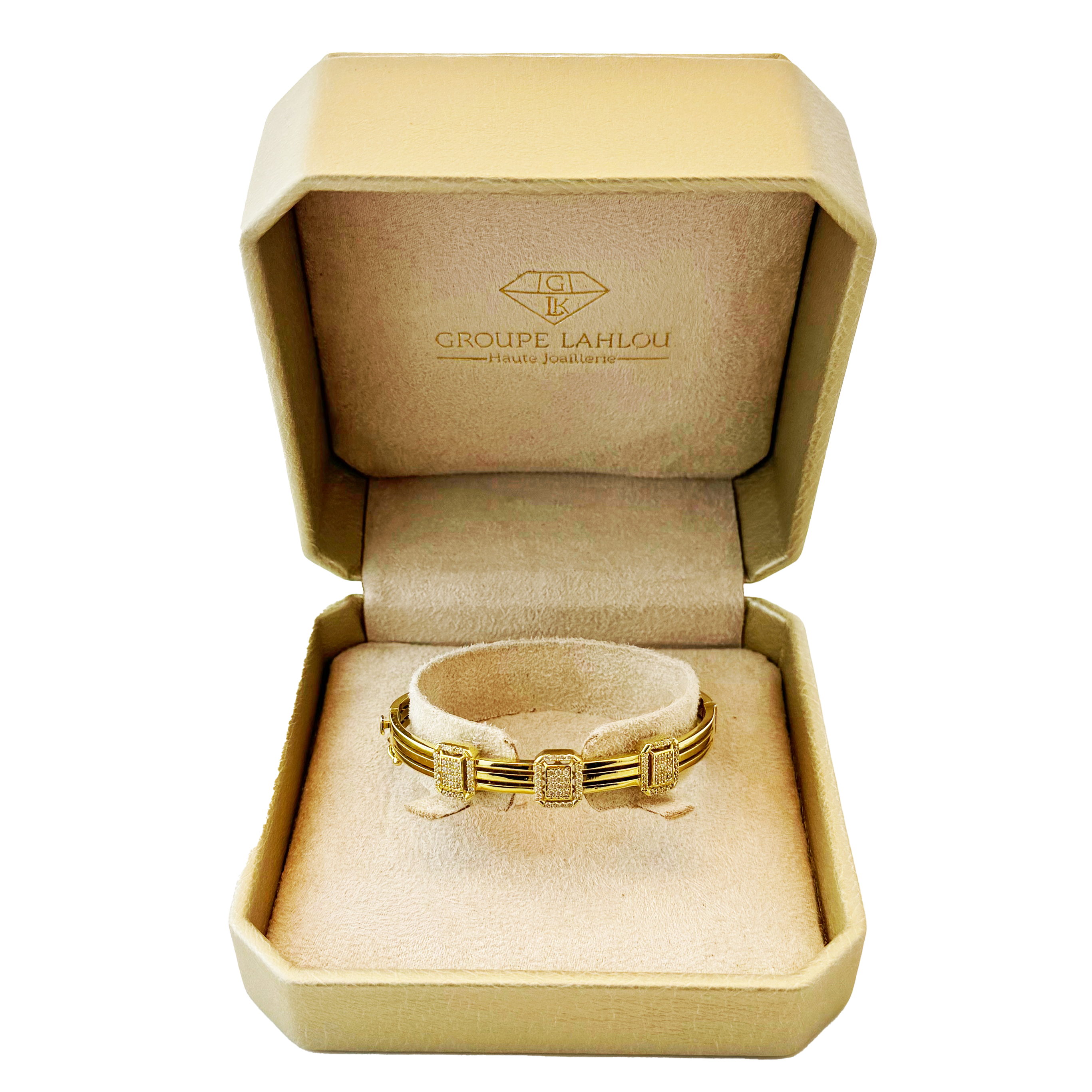 Bracelet Jonc Or Jaune & Diamilites – Multi-Rangs, Carrés Pavés, Élégance Contemporaine.