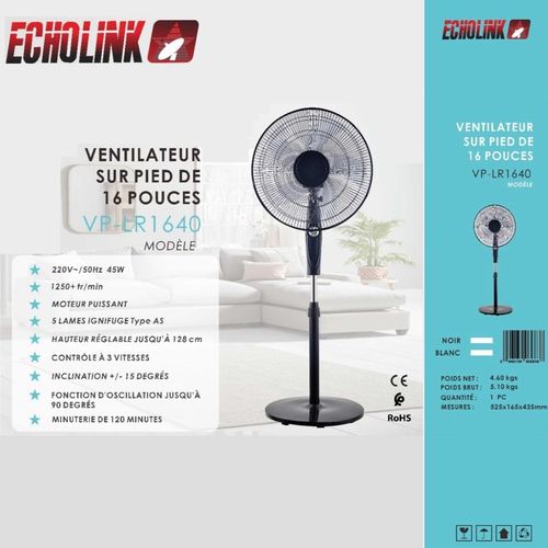 Ventilateur Sur Pied 16 Pouces - 5 Lames - 3 Vitesses - Minuterie