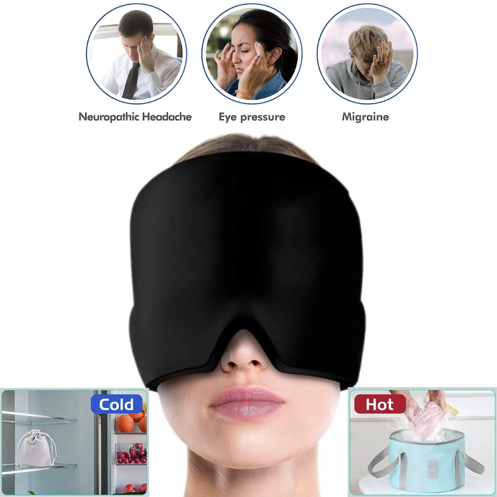Bonnet Anti Migraine Noir Avec Masque De Glace Pour Migraines, Tensions, Sinus Et Stress