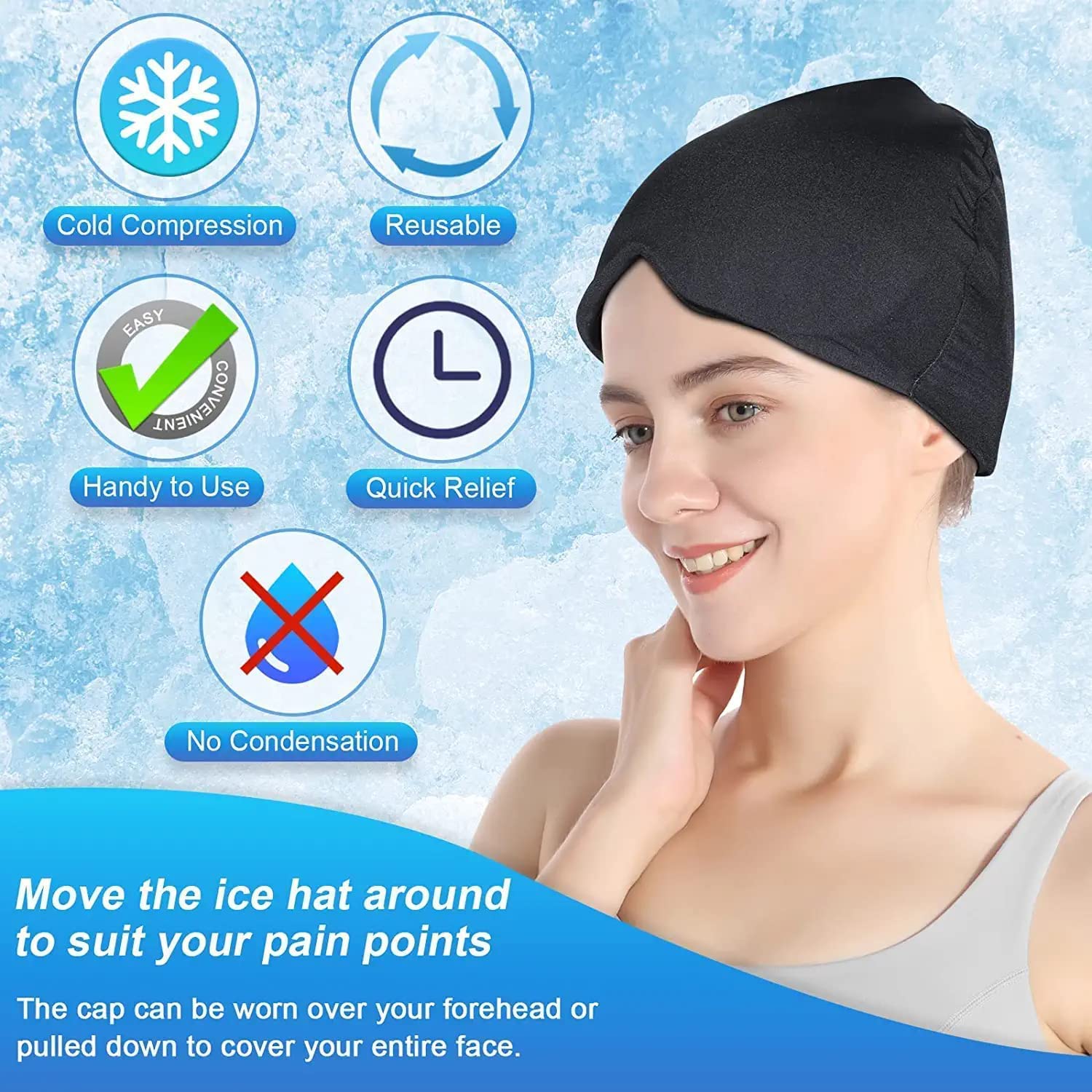 Bonnet Anti Migraine Noir Avec Masque De Glace Pour Migraines, Tensions, Sinus Et Stress