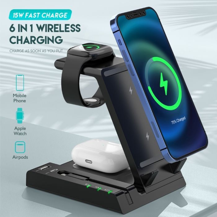Chargeur De Téléphone, Station De Charge Sans Fil 6 En 1 15w D2 thumbnail 6