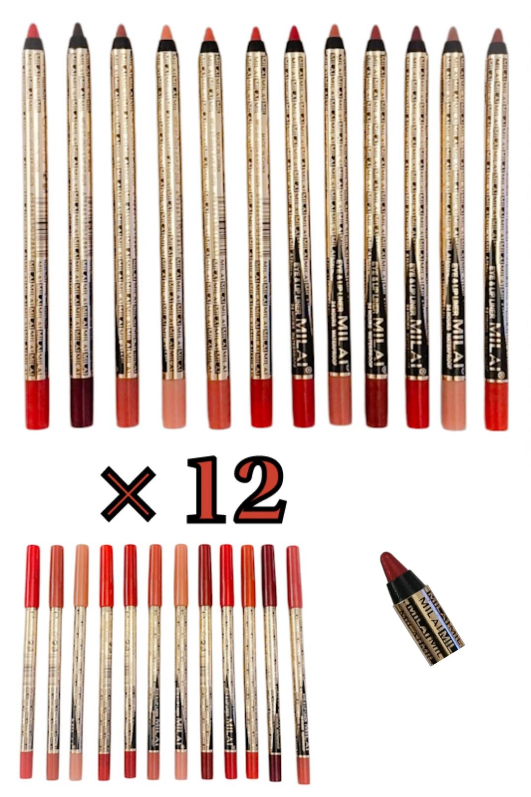 12 Crayons gel pour lèvres et yeux.