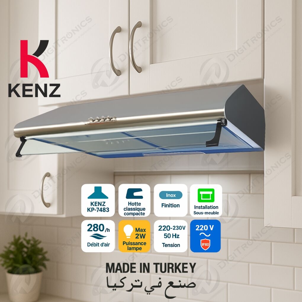 Hotte Aspirante Inox 60 cm, Éclairage Intégré, Fabrication Turquie, KP-7483