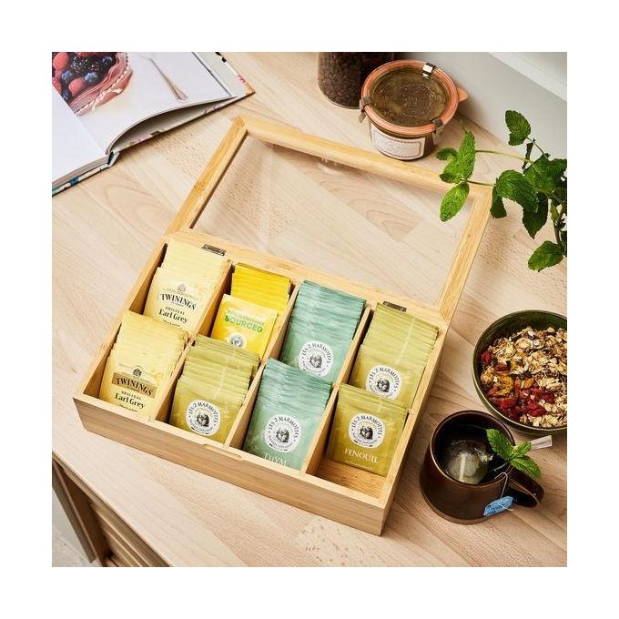 Boîte à thé ( 8 compartiments ) en bambou Rangement Organiseur Pour sachets Infusion Tisane