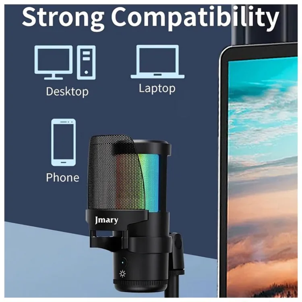 Microphone Jmary MC-PW13 RGB Professionnel avec Support de Bureau – USB Plug & Play pour Streaming, Podcast, Gaming thumbnail 3