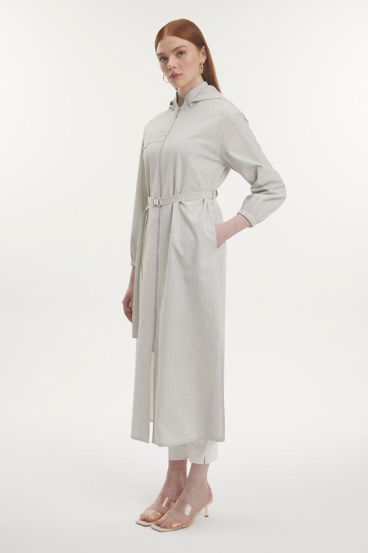 Manteau à capuche zippé ceinturé en pierre thumbnail 3