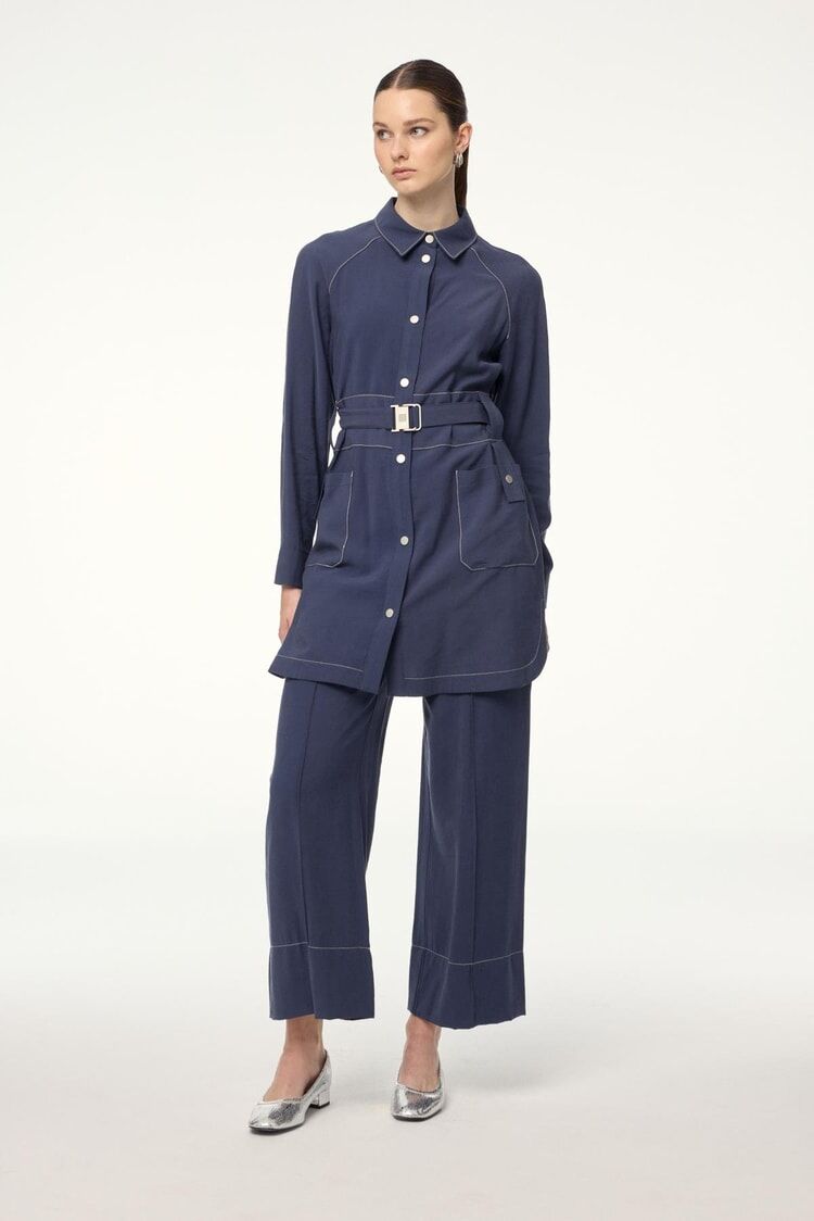 Poche ceinturée détaillée indigo double ensemble