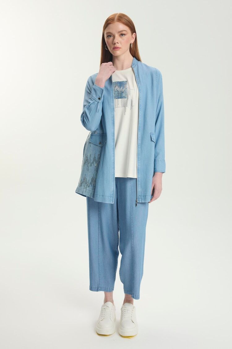 Ensemble deux pièces en jean avec veste et maillot de corps à paillettes TK-1577