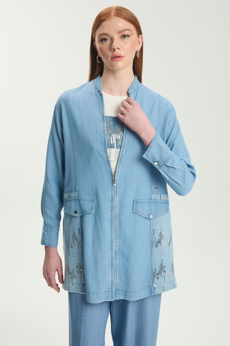 Ensemble deux pièces en jean avec veste et maillot de corps à paillettes TK-1577