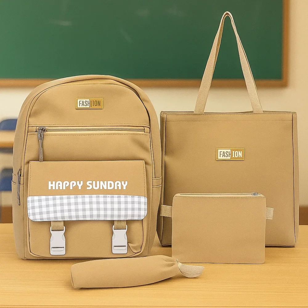 Set Scolaire Complet « Happy Sunday » – Sac A Dos, Tote Bag Et Pochettes