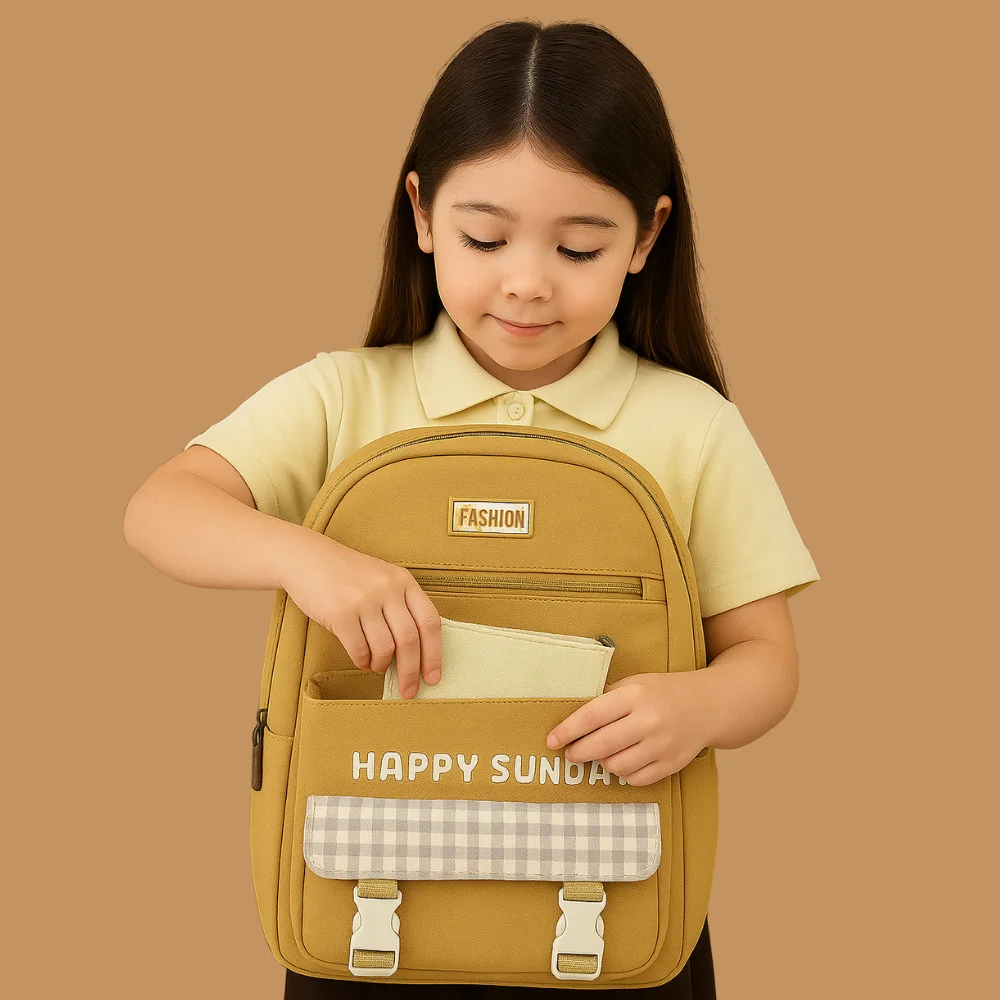 Set Scolaire Complet « Happy Sunday » – Sac A Dos, Tote Bag Et Pochettes