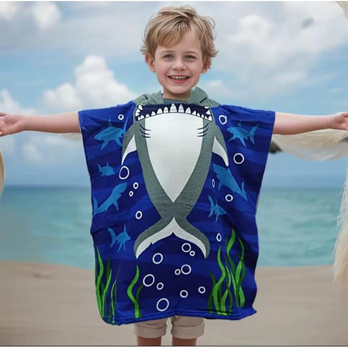 Serviette à Capuche Enfant Requin Bleu – Douce & Absorbante – 3 à 10 Ans