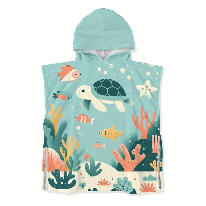 Serviette à Capuche Enfant – Motif Tortue & Poissons – Douce, Légère & Fun – 3 à 10 Ans