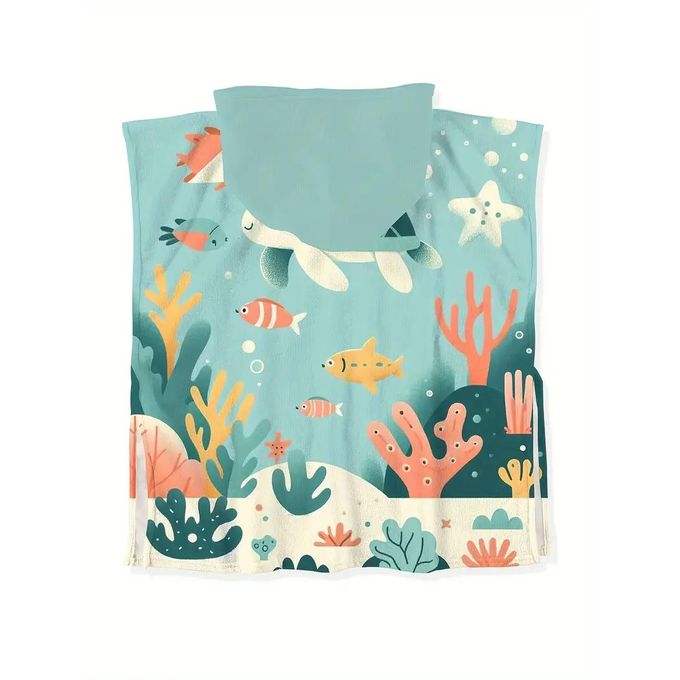 Serviette à Capuche Enfant – Motif Tortue & Poissons – Douce, Légère & Fun – 3 à 10 Ans