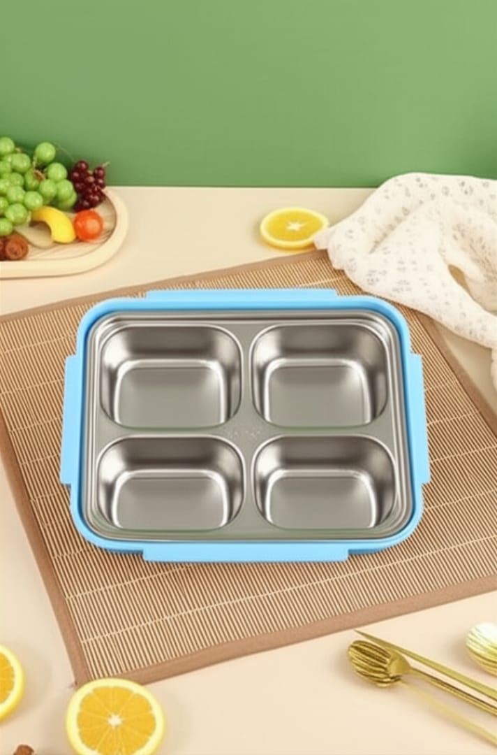 Lunch Box Isotherme avec 4 Compartiments + Cuillère et Fourchette en Inox -20/28CM