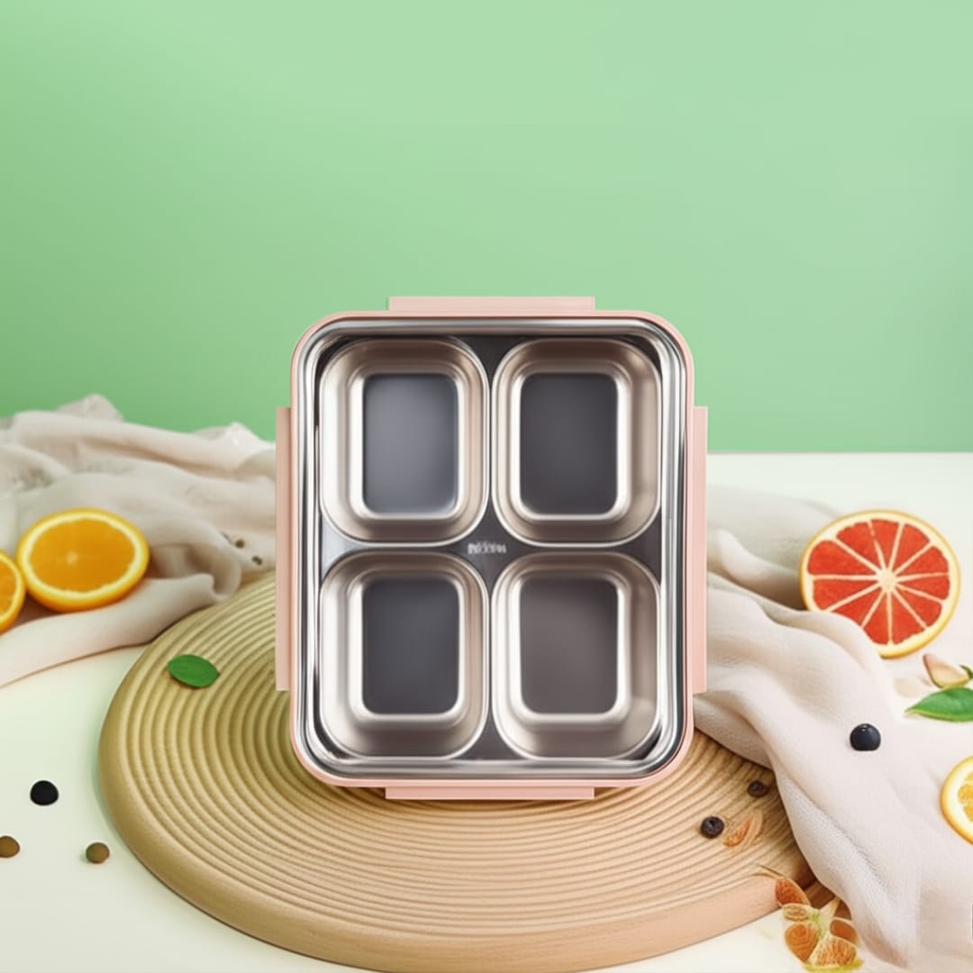 Lunch Box Isotherme avec 4 Compartiments + Cuillère et Fourchette en Inox -20/28CM