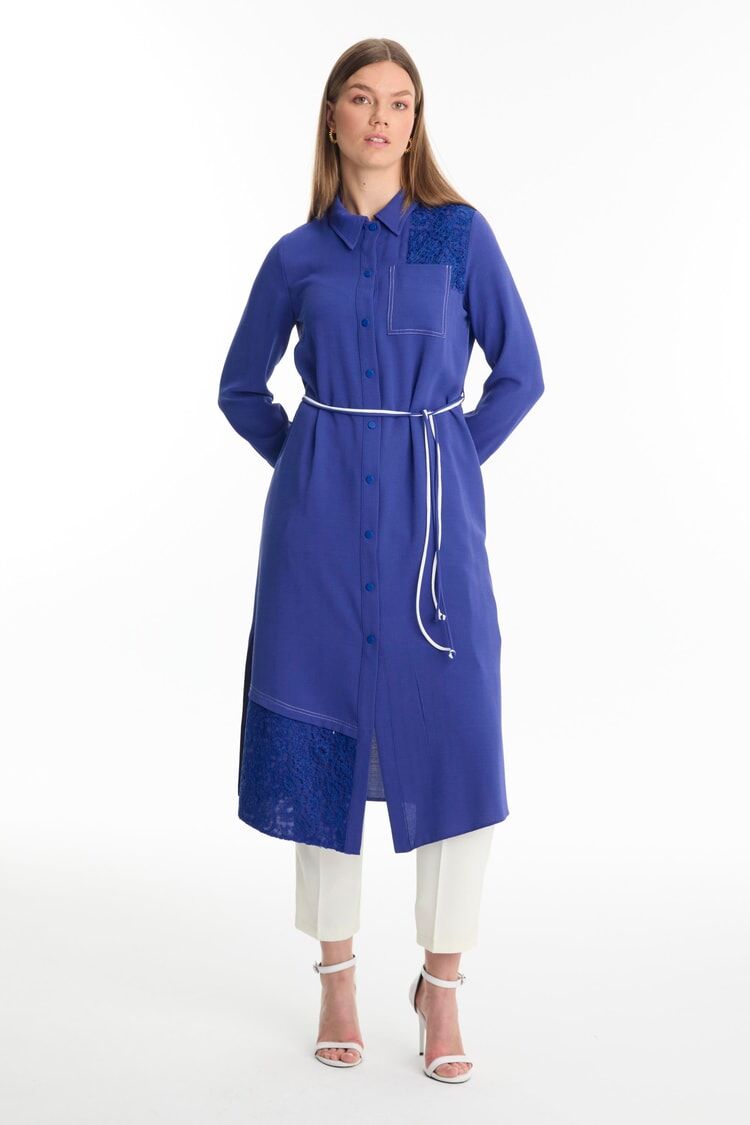 Tunique longue violette à col chemise avec dentelle T-1451