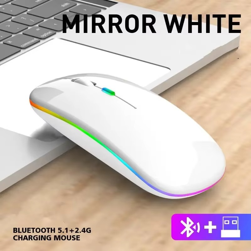 Souris Sans Fil Rechargeable Silencieuse Rétro-éclairée par LED Souris Ordinateur Portable Souris 2.4Ghz Récepteur Bluetooth Double Mode Souris Optique