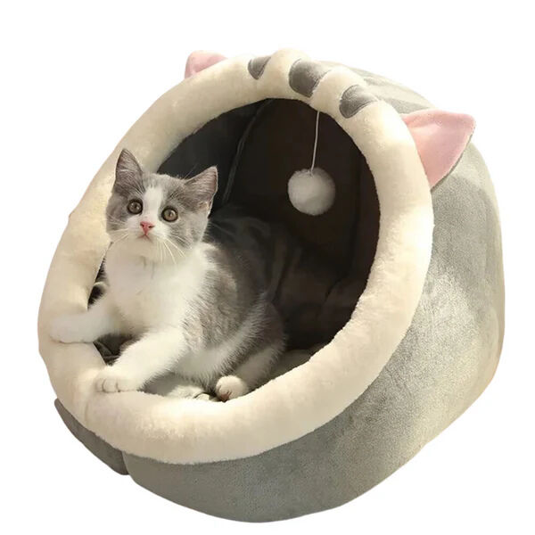 Lit pour chat et petit chien – Grotte avec oreiller et jouet (S/M/L)