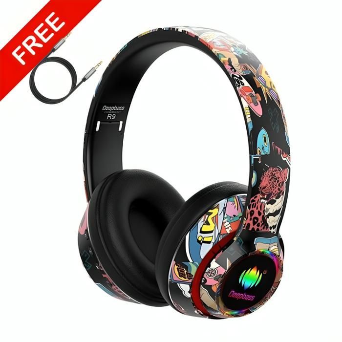 Casque Bluetooth R9 Noir + Cable Auxiliar Gratuit