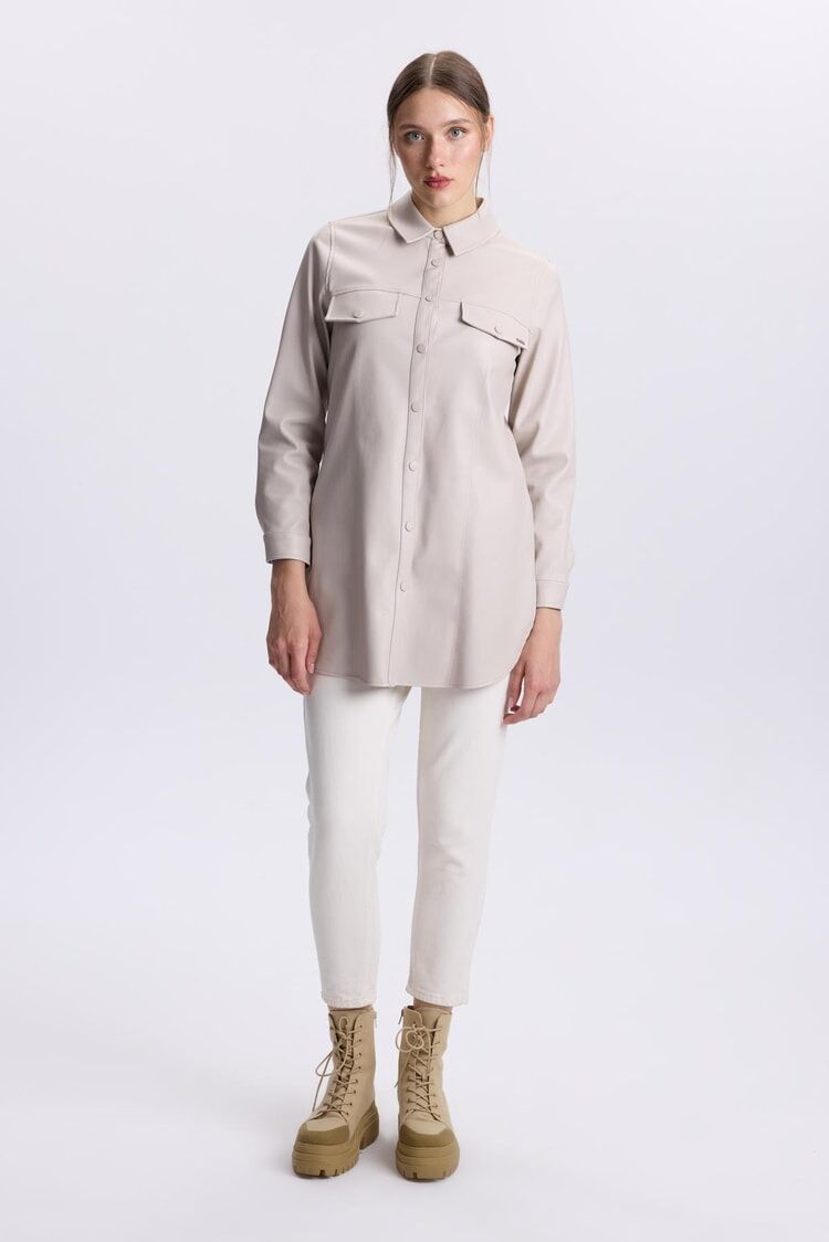 Tunique en cuir  à col de chemise thumbnail 1