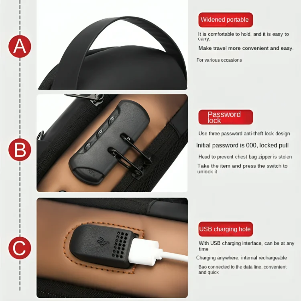 Sac Bandoulière Antivol en Cuir – USB Charge & Sécurité thumbnail 3