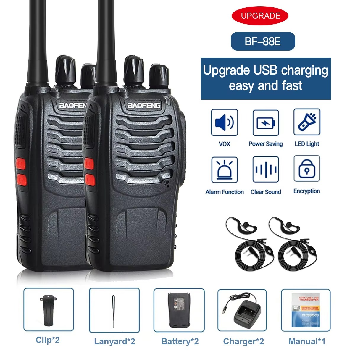 Talkie-walkie Portable BF-888S Radio Bidirectionnelle UHF 888s,émetteur-récepteur Portable 16 canaux 400-470MHz avec oreillette,2 pièces
