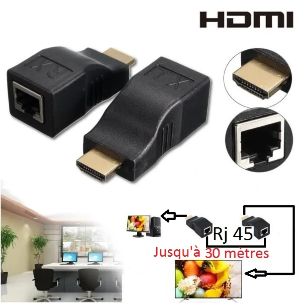 Adaptateur D'Extension HDMI vers RJ45 Câble Cat-5e/6,distance transmission 30m thumbnail 3