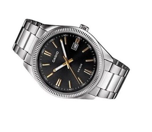 Casio Tout en acier inoxydable - Index dore - Cadran noir & avec dateur -MTP-1302d-1a2vdf