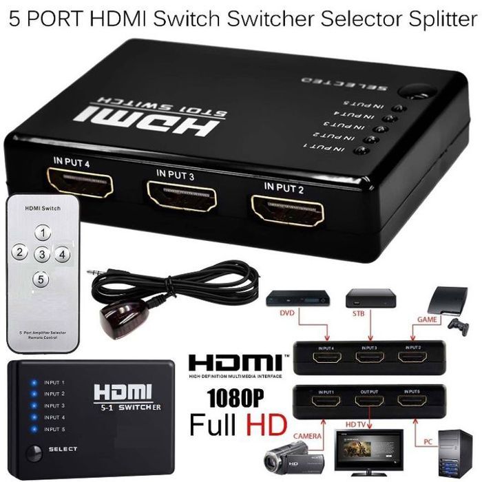 Switcher 5 Port 1080P Commutateur Sélecteur Séparateur Hub+Télécommande
