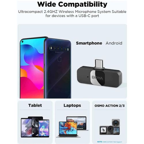 Micro Cravate Lavalier sans Fil BY-V20 Type-C Micro Omnidirectionnel Portée 100m USB-C 2 Émetteurs -1 Récepteur