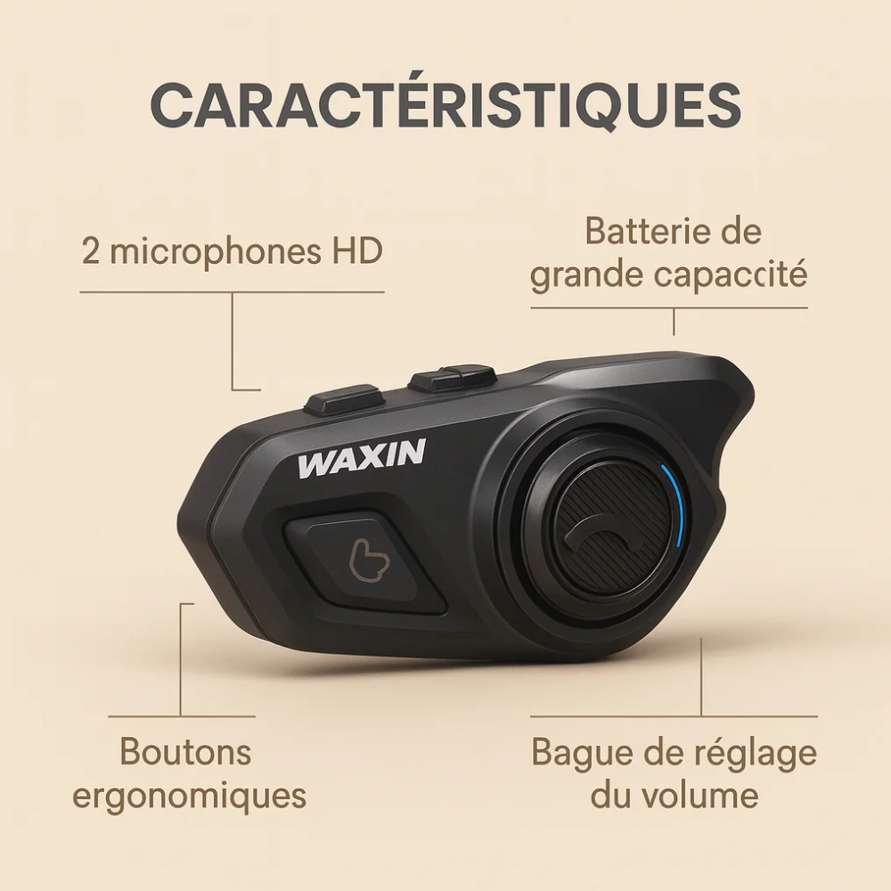 Kit Intercom Bluetooth Pour Casque Moto Waxin T2 – Micro Double (casque Ouvert / Intégral) – Noir thumbnail 3