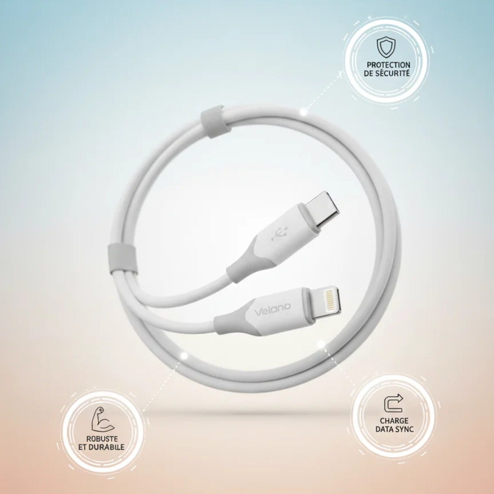 Câble Velano USB-C vers Lightning 60W Blanc – Charge Ultra Rapide & Transfert de Données Sécurisé