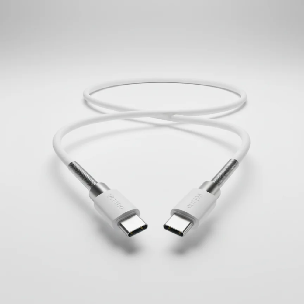 Câble Velano USB-C vers USB-C 60W Blanc – Protection à Ressort, Charge Rapide & Synchronisation de Données