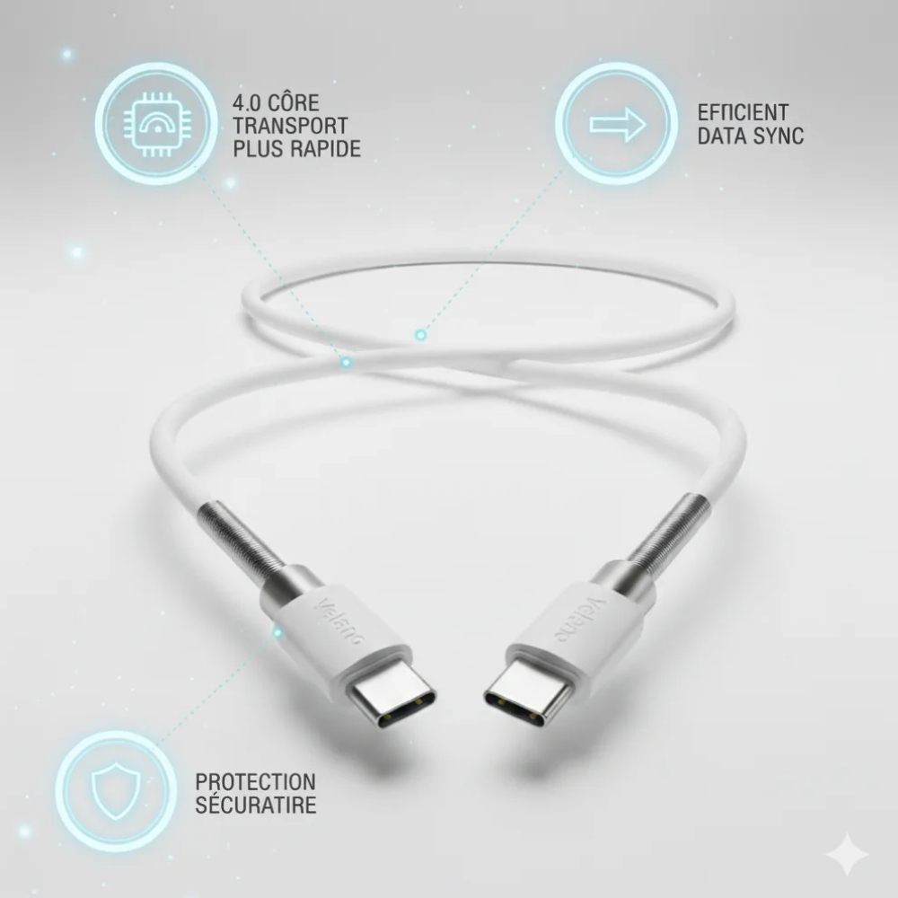 Câble Velano USB-C vers USB-C 60W Blanc – Protection à Ressort, Charge Rapide & Synchronisation de Données