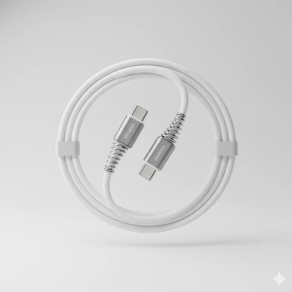 Câble Velano USB-C vers USB-C 60W Blanc – Protection à Ressort, Charge Rapide & Synchronisation de Données thumbnail 4